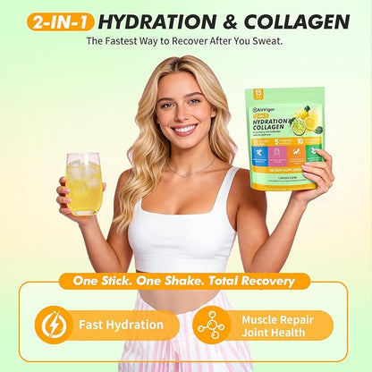 Electrolyte Collagen Powder Packets, 10g Collagen Protein Drink Mix for Hydration Recovery, Zero Sugar 2-in-1 Post Workout Rehydration, Joint Skin Muscle Support, 5 Vitamins, Lemon Lime