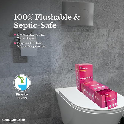 On-The-Go Flushable Feminine Wet Wipes, 32 Count XL Individually Wrapped Female Wipes, Hypoallergenic 100% Plant Based Septic Safe, Travel Size Adult Cleansing Cloth for Women, Rosewater