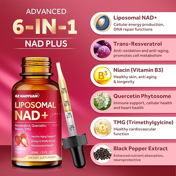 Liposomal NAD Supplement - 1200mg NAD+ Liquid Drops for Women & Men with Nicotinamide, Resveratrol, Quercetin, TMG, Black Pepper Extract - Brain & Cellular Mitochondrial Health, Anti-Aging, Longevity