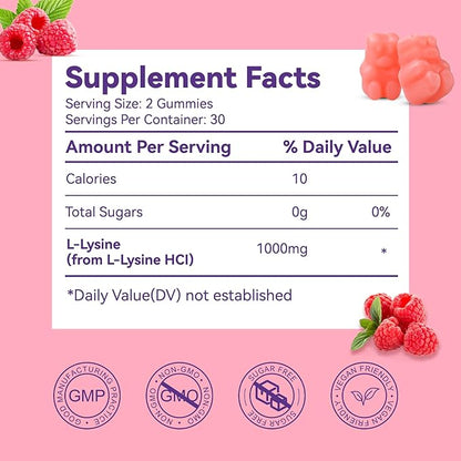 L-Lysine 1000mg Gummies, Chewable Lysine Supplement for Adults, Lysine Gummies for Lip Health, Immune Support- Vegan, Gluten-Free, Sugar-Free, 60 Counts