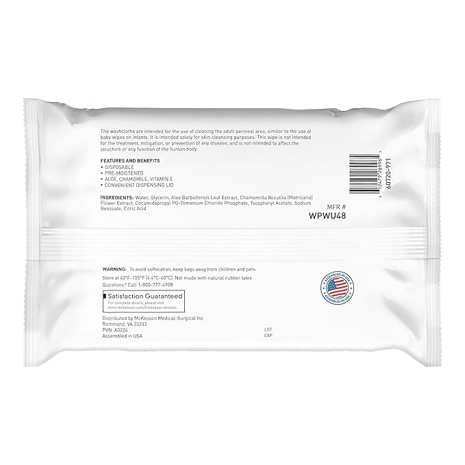 McKesson Washcloth Wipes, Unscented - Disposable Wet Wipes for Adults - Fragrance-Free, Paraben-Free - No-Rinse Formula, 48 Count, 12 Packs, 576 Total