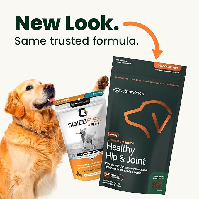 VetriScience Ultimate Strength Healthy Hip & Joint Chews, GlycoFlex Glucosamine, Chondroitin and Green-Lipped Mussel Joint Support Supplement for Dogs, Soothe Joint Discomfort, Duck, 120 Count