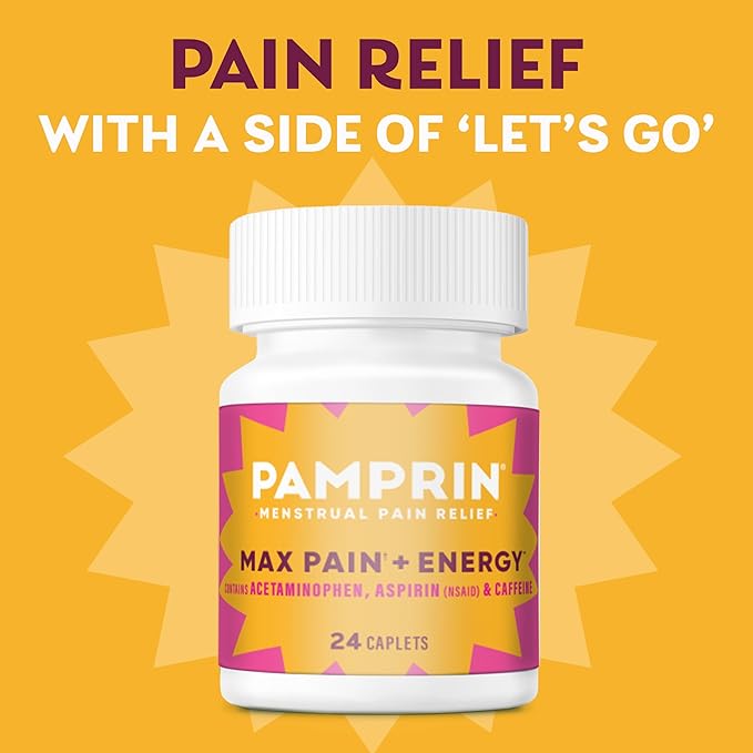 Pamprin Maximum Strength Max Pain and Energy Formula, Menstrual Period Symptoms Relief for Cramps, Bloating and Fatigue, 24 Caplets