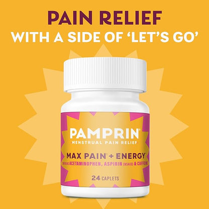 Pamprin Maximum Strength Max Pain and Energy Formula, Menstrual Period Symptoms Relief for Cramps, Bloating and Fatigue, 24 Caplets