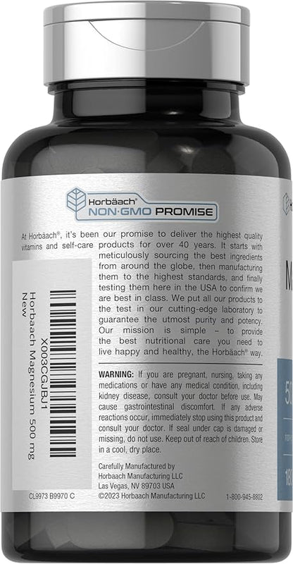 Horbäach Magnesium 500mg | 180 Caplets | Vegetarian, Non-GMO, and Gluten Free Supplement