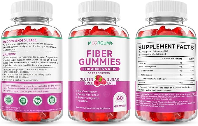 Fiber Gummies for Digestive Health & Regularity, Sugar-Free High Fiber Supplement for Adults & Kids, Soluble Dietary Fiber, Vegan Fiber Supplements for Men & Women, 60 Count