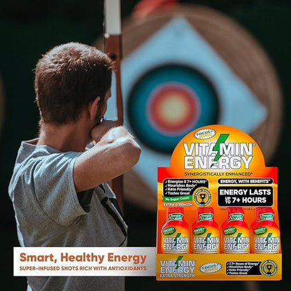 Vitamin Energy Focus+ Extra Strength Energy Shot Mango 12 Pack, 260mg Natural Caffeine, B-Vitamins, CoQ10, Amino Acids, Focus, Productivity & Clarity, Zero Sugar, Gluten-Free, 1.93 fl oz