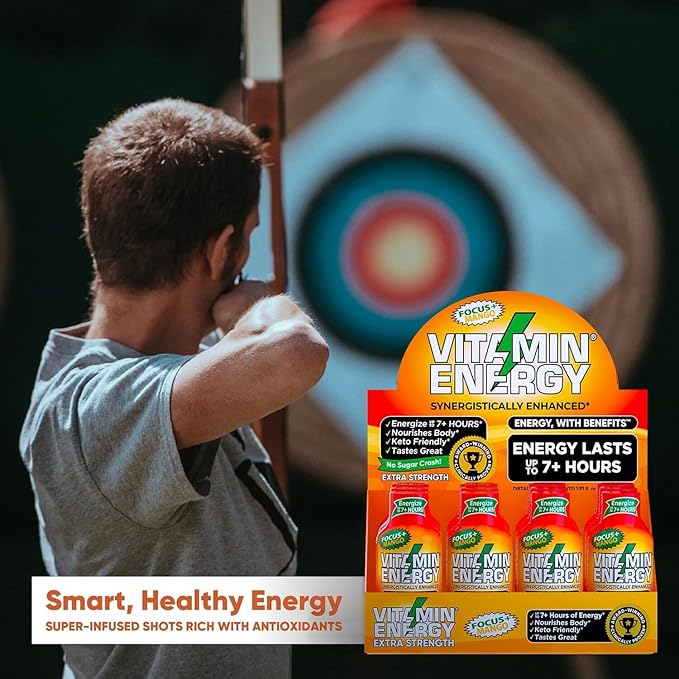 Vitamin Energy Focus+ Extra Strength Energy Shot Mango 24 Pack, 260mg Natural Caffeine, B-Vitamins, CoQ10, Amino Acids, Focus, Productivity & Clarity, Zero Sugar, Gluten-Free, 1.93 fl oz