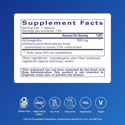 Pure Encapsulations Ashwagandha - 500 mg Ashwagandha Extract - Metabolism & Stress Support - Immune Support - GMO Free & Vegan - 120 Capsules