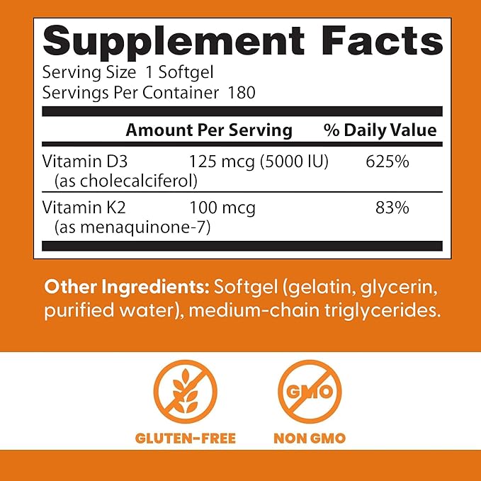 Doctor's Best Vitamin D3 5,000 IU + K2 MK-7 100 mcg, Supports Bone, Teeth & Muscle Health, and Heart Health, Non-GMO, Gluten Free, 180 Softgels