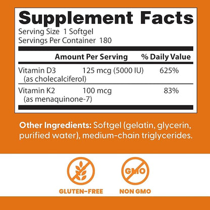 Doctor's Best Vitamin D3 5,000 IU + K2 MK-7 100 mcg, Supports Bone, Teeth & Muscle Health, and Heart Health, Non-GMO, Gluten Free, 180 Softgels