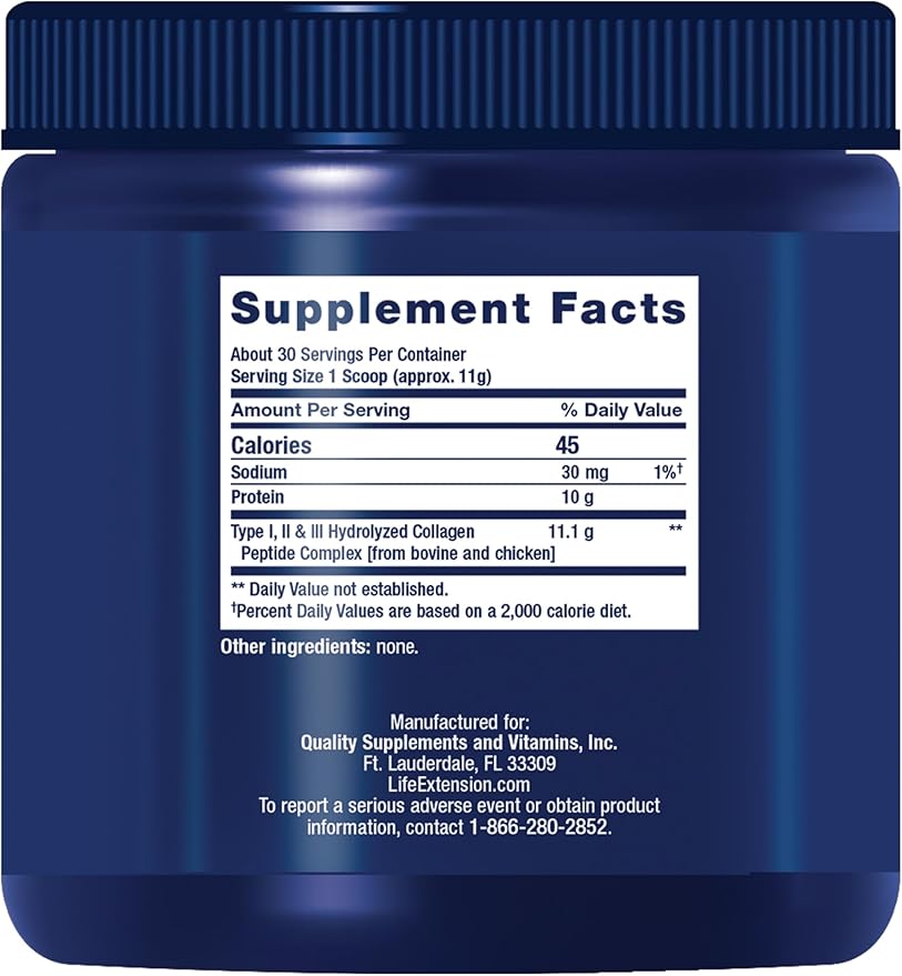 Life Extension Collagen Peptides for Skin & Joints, Collagen Types I, II & III in an Easy-Mix Powder, Gluten Free, Non-GMO, net Weight 343 Grams
