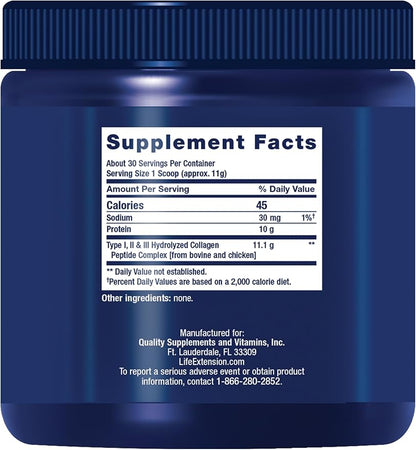 Life Extension Collagen Peptides for Skin & Joints, Collagen Types I, II & III in an Easy-Mix Powder, Gluten Free, Non-GMO, net Weight 343 Grams
