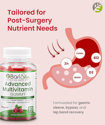 BariSlim Advanced Bariatric Multivitamin Gummies - Specially Formulated Bariatric Vitamins for Patients After Weight Loss Surgery - Supports Energy & Immune Health | Raspberry (90 Vegan Gummies)