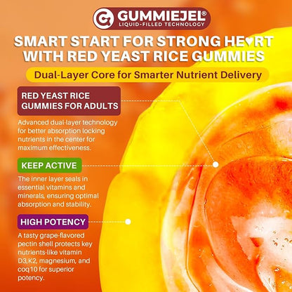 Red Yeast Rice Gummies 2400MG with CoQ10, Suagr Free Balanced Chṏlesterṏl Supplements Plus Citrus Bergamot, Plant Sterols & Stanols Supports Vḁsculḁr Health, Energy, Immunity for Age 50+,Vegan,60 Cts