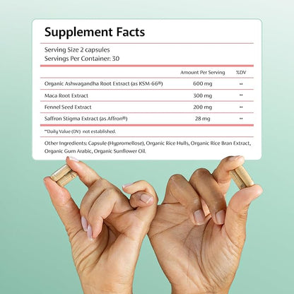 Chaly Menopause Supplements for Women with Ashwagandha KSM 66 and Saffron | Hot Flash, Bloating, Libido, Vaginal Dryness, Stress, and Mood Support Supplement | Menopause Relief Supplements | 60 Count