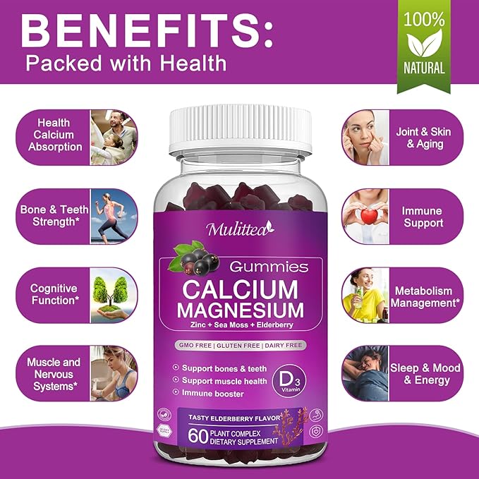 Calcium Magnesium Zinc Gummies with High Absorption Magnesium Glycinate 200mg, Potassium -Plant Calcium Supplement w/ D3 & Sea Moss for Bone, Muscles, Calm Mood & Sleep Support- Kids & adults (3 Pack)