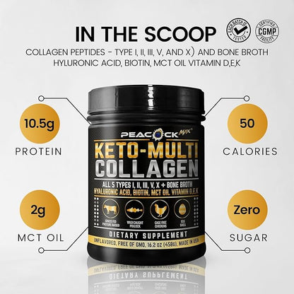 Keto Multi Collagen Peptides 16.2 oz - Bone Broth Protein Powder, with 5 Types Hydrolyzed Collagen, MCT Oil & Biotin for Skin, Joints, Hair & Nails, Unflavored Collagen Powder