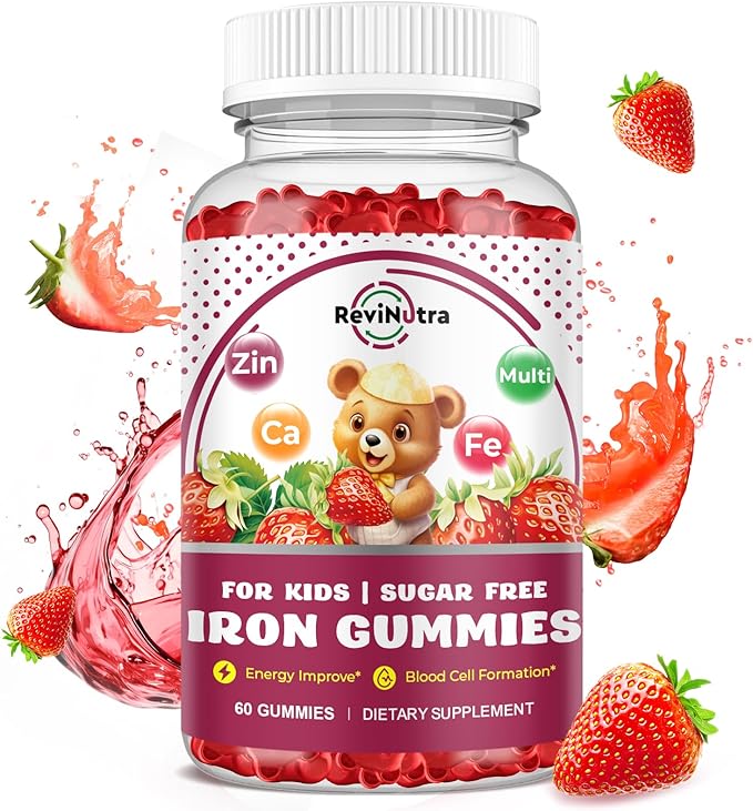 Iron Supplement Gummies for Kids - with Calcium, Zinc, Kids Multivitamin with Iron Gummies - Immune Support, Blood Builder & Energy Support for Iron Deficiency, Anemia, Vegan - 60 Count