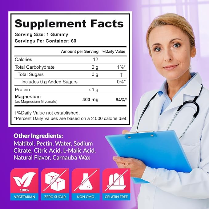 Magnesium Glycinate Gummies 400mg, Muscle Support and Relaxation, Magnesium Supplement for Women, Men and Kids, High Absorption, Sugar Free, Vegan, 60 Days Supply, Raspberry Flavor
