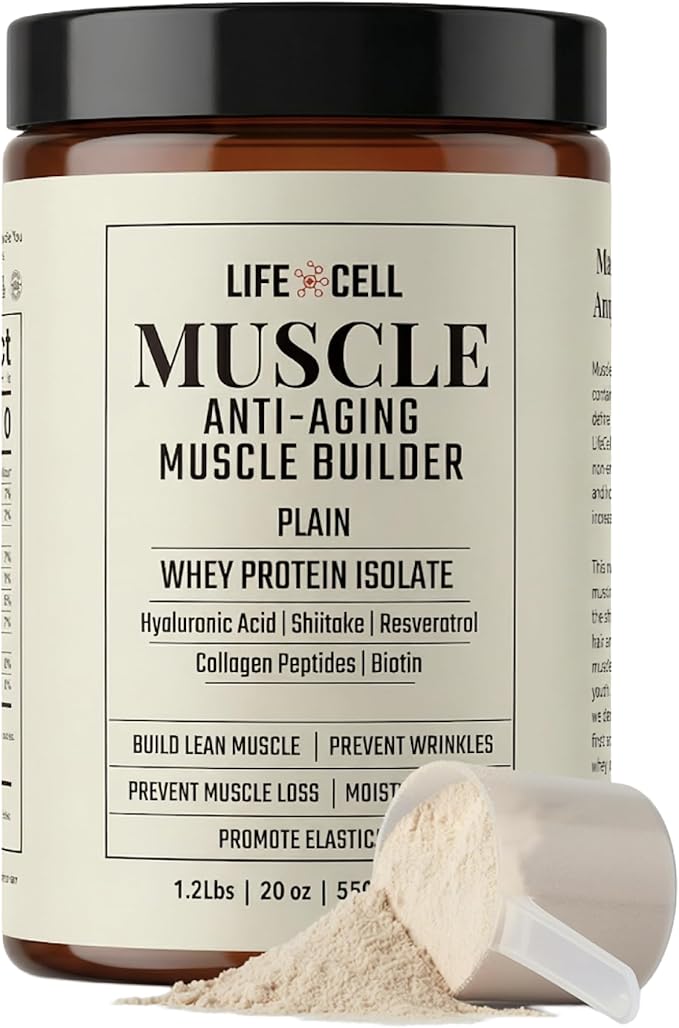 LifeCell Whey Protein – Anti-Aging Muscle Builder with Shiitake Mushroom, Collagen & Hyaluronic Acid – Plain, No Sugar Added, Soy-Free, Gluten-Free, 550g