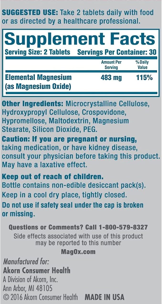 Mag-Ox 400 Magnesium Supplement, Pharmaceutical Grade Magnesium Oxide with 482 mg Per Dose, 60 Tablets