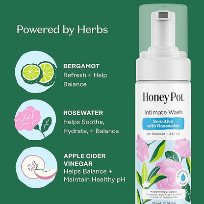 The Honey Pot Company - Feminine Wash - Herbal Infused - Sensitive Skin Types - PH Balanced Plant Based Hygiene Products - Sensitive w/Rosewater - 5.51 Fluid Oz.