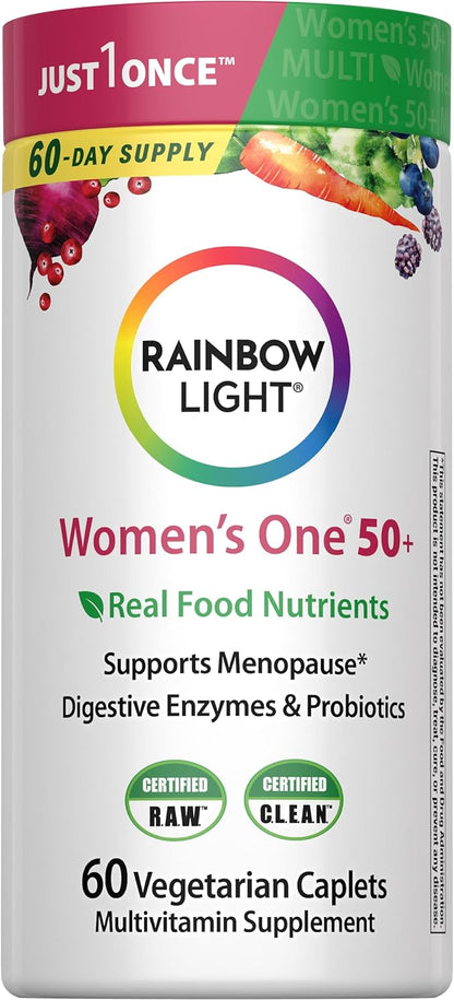 Rainbow Light Womens One + Multivitamin 50 Plus | 60 Caplets | Supports Menopause | Real Food Nutrients, Digestive Enzymes & Probiotics