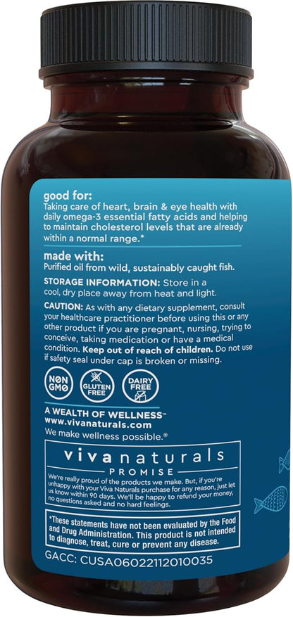 Viva Naturals Omega 3 Fish Oil Supplement for Women and Men - 2500 mg Triple Strength Fish Oil Pills with Re-Esterified Omega 3 Fatty Acids Including EPA, DHA DPA - 240 Pescatarian-Friendly Softgels