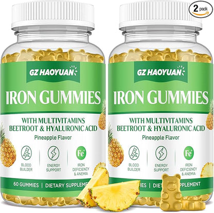 Iron Gummies with Multivitamin, Iron Supplement Gummies for Women & Men with Vitamin B Complex & C, Folate for Kids & Adults - Blood Builder, Energy, Iron Deficiency & Anemia Support Pineapple 120 ct