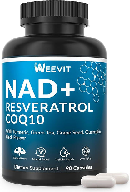 NAD+ Resveratrol Supplement with COQ10, Quercetin, Turmeric, NAD+ Supplement for Men and Women - Energy, Focus & Anti-Aging Support - Gluten Free, Non-GMO