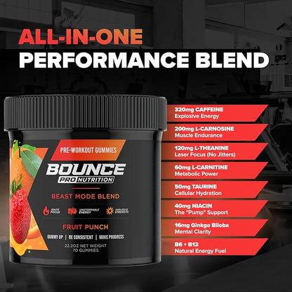 Bounce Pro Pre Beast Mode Workout Gummies with Caffeine, Beta-Alanine & L-Tyrosine for Energy, Focus & Training Intensity (70 Count (Pack of 1), Fruit Punch)