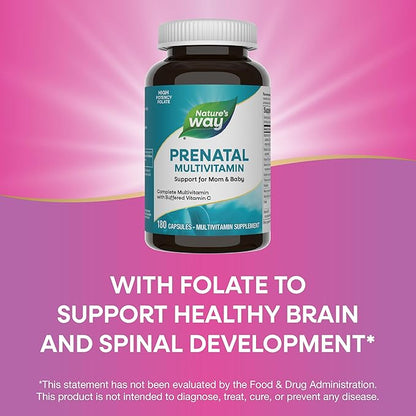 Nature's Way Prenatal Multivitamin, with Folate for Healthy Brain and Spinal Development*, Buffered Vitamin C, B-Vitamins, 180 Capsules (Packaging May Vary)