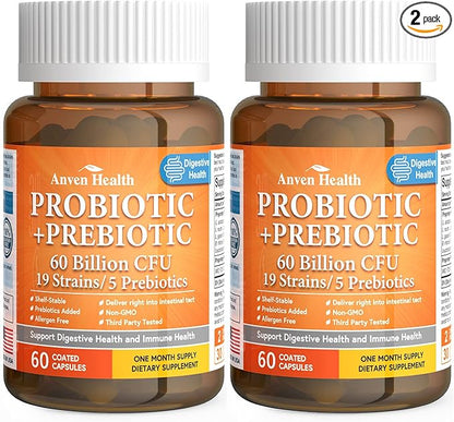 60 Billion Probiotics for Women and Men 19 Strains 5 Organic Prebiotics for Gut Digestive & Immune Health, Supports Diarrhea Gas Bloating, Vegan Probiotic Supplement Formula丨120 Caps