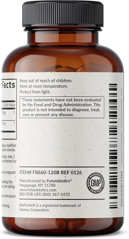 Futurebiotics Ashwagandha Extra Strength Stress & Mood Support with BioPerine - Non GMO Formula, 120 Vegetarian Capsules