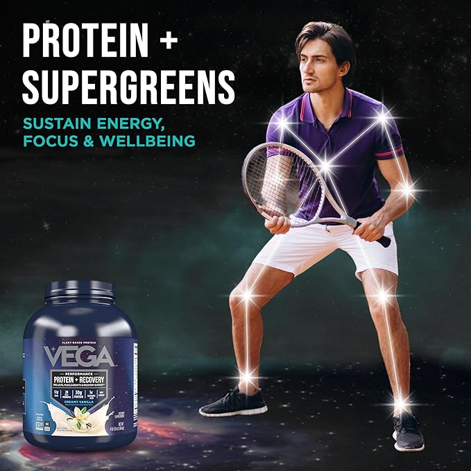 Vega Sport Vegan Protein Powder + Recovery - 30g Plant Based Protein per Serving, Vanilla, 45 Servings, 5g BCAAs, Probiotics, NSF Certified, for Shakes & Smoothies, 4.1lbs (Packaging May Vary)