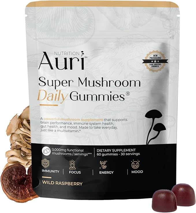 Auri Nutrition Super Mushroom Daily Gummies – All-in-One Functional Gummy with 12 Mushroom Blend Including Lion’s Mane, Reishi, Chaga & Cordyceps – 60 Gummies
