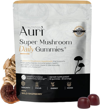 Auri Nutrition Super Mushroom Daily Gummies – All-in-One Functional Gummy with 12 Mushroom Blend Including Lion’s Mane, Reishi, Chaga & Cordyceps – 60 Gummies