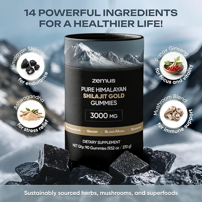 Zemus Himalayan Pure Shilajit Gummies I Lab Tested I Synergistic Blend of Ashwagandha & 5 Mushroom Complex | Fulvic Acid & 85+, Trace Minerals | for Men & Women (90 Count / 9.52 oz, Gold)