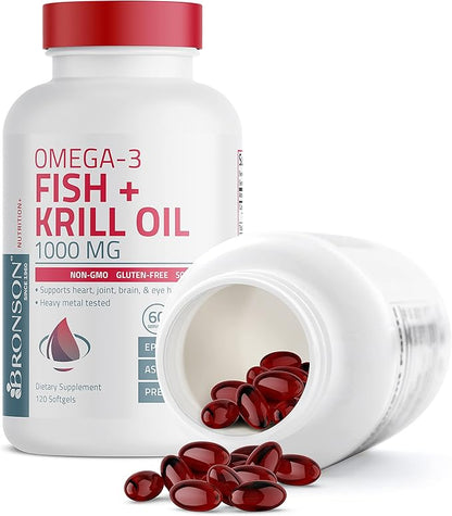 Bronson Omega-3 Fish + Krill Oil 1000 MG EPA DHA Astaxanthin Premium Blend - Joint, Brain & Eye Health - Non GMO, Heavy Metal Tested, 120 Softgels