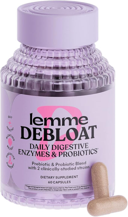 Lemme Debloat 3-in-1 Prebiotic, Probiotic & Digestive Enzyme Capsules for Bloating & Gas Relief - 2 Clinically Studied Probiotics w/5 Digestive Enzymes to Improve Digestion, Women & Men, (60 Count)