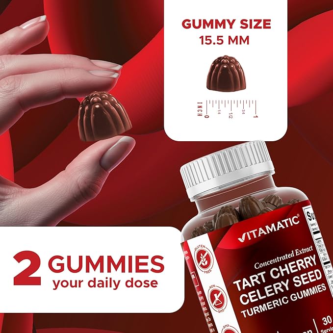 Vitamatic Tart Cherry (360 mg) with Celery Seed (30 mg) 10:1 Extract & Turmeric 20:1 Extract (10 mg) - (Per Serving/2 Gummies) - 60 Gummies (Pack of 2)