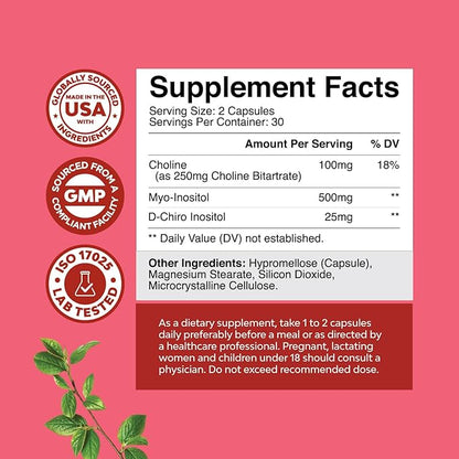 Myo-Inositol & D-Chiro Inositol Supplement for Women - Choline Supplement to Regulate Menstrual Cycle, Fertility & Hormonal Balance - Womens Hormone Balance Capsules with Myo & D-Chiro - 60 Count