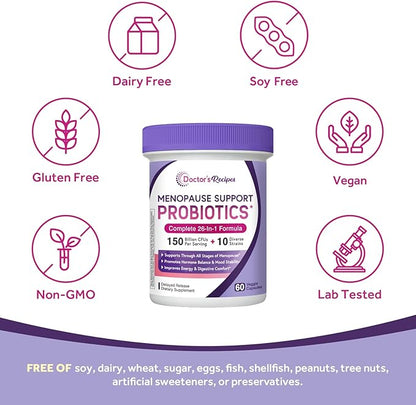 Doctor's Recipes Menopause Supplements for Women, Probiotics 150 Billion CFU, Black Cohosh for Menopause Hot Flashes, Ashwagandha, Dong Quai, Supports Mood, Energy, Hormone Balance, 60 Capsules