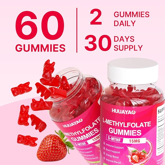 L-Methylfolate 15 mg Gummies, Methylfolate Supplement, Folate 5-MTHF Supplement for Support Mood, Brain Health, Immune System, Sugar Free, Strawberry Flavor, 60 Count