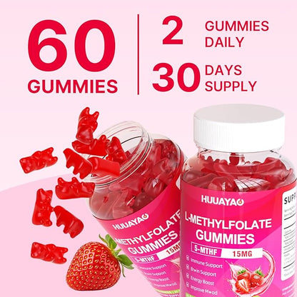 L-Methylfolate 15 mg Gummies, Methylfolate Supplement, Folate 5-MTHF Supplement for Support Mood, Brain Health, Immune System, Sugar Free, Strawberry Flavor, 60 Count