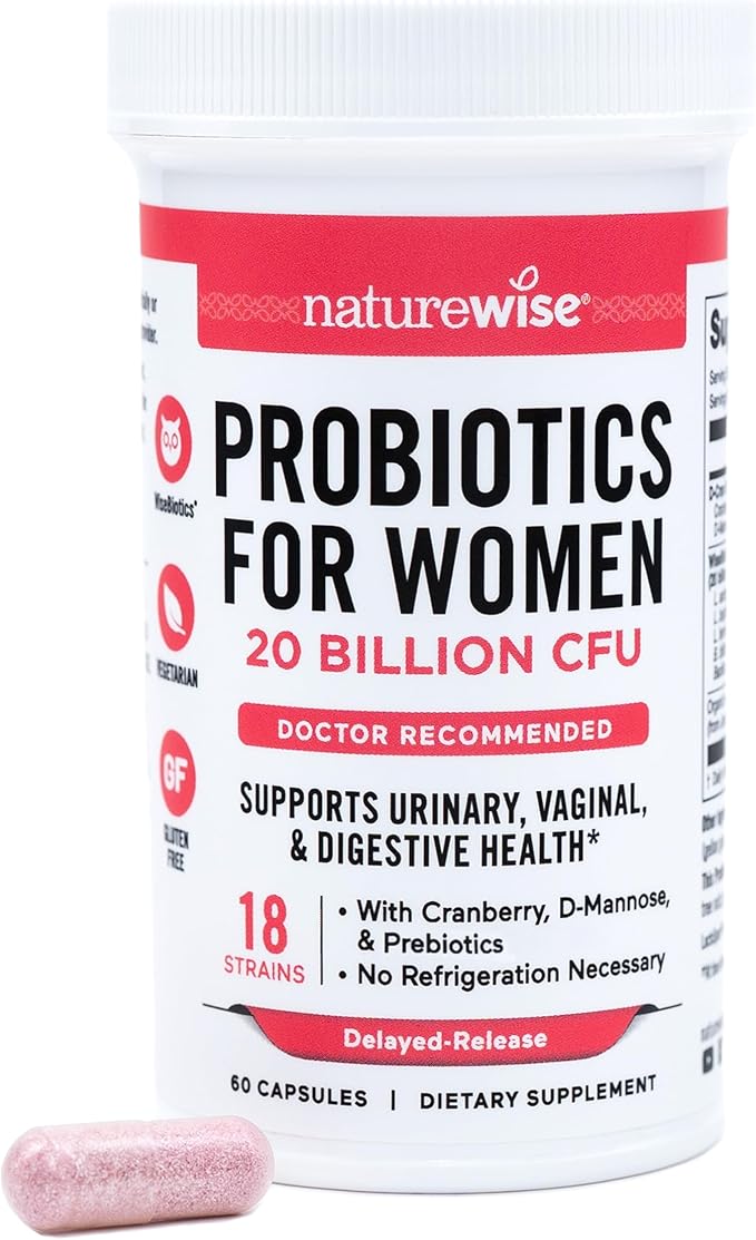 NatureWise Probiotics for Women + Organic Prebiotics D-Mannose & Cranberry - Vaginal Probiotics for PH Balance, Digestive & Urinary Tract - 18 Strains, 20 Billion CFU - 60 Capsules[60-Day Supply]