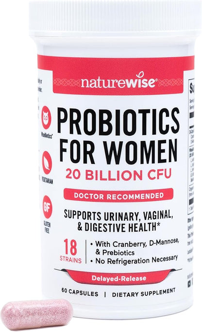 NatureWise Probiotics for Women + Organic Prebiotics D-Mannose & Cranberry - Vaginal Probiotics for PH Balance, Digestive & Urinary Tract - 18 Strains, 20 Billion CFU - 60 Capsules[60-Day Supply]