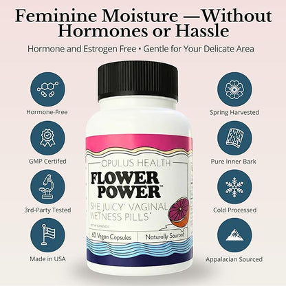 Flower Power Vaginal Moisture Support Capsules for Women — Vaginal Dryness Supplement with Powdered Slippery Elm Bark | Supports Vaginal Wellness During Menopause & Stress | 60 Count, Made in USA