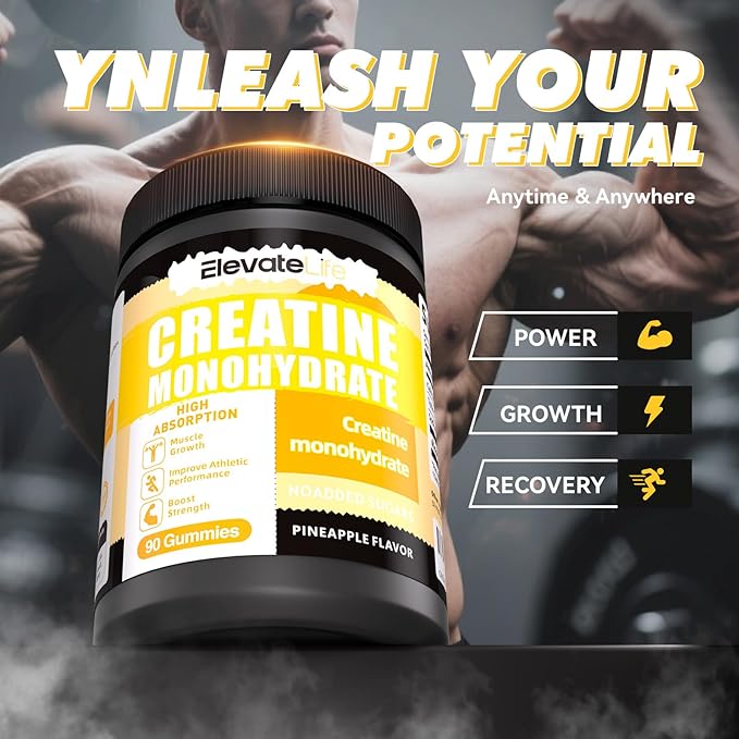ElevateLife NSF Certified Creatine Monohydrate Gummies 5000mg for Men & Women, Chewables Creatine Monohydrate for Muscle Strength, Muscle Builder, Energy Boost, Pre-Workout Supplement-90 Pineapple
